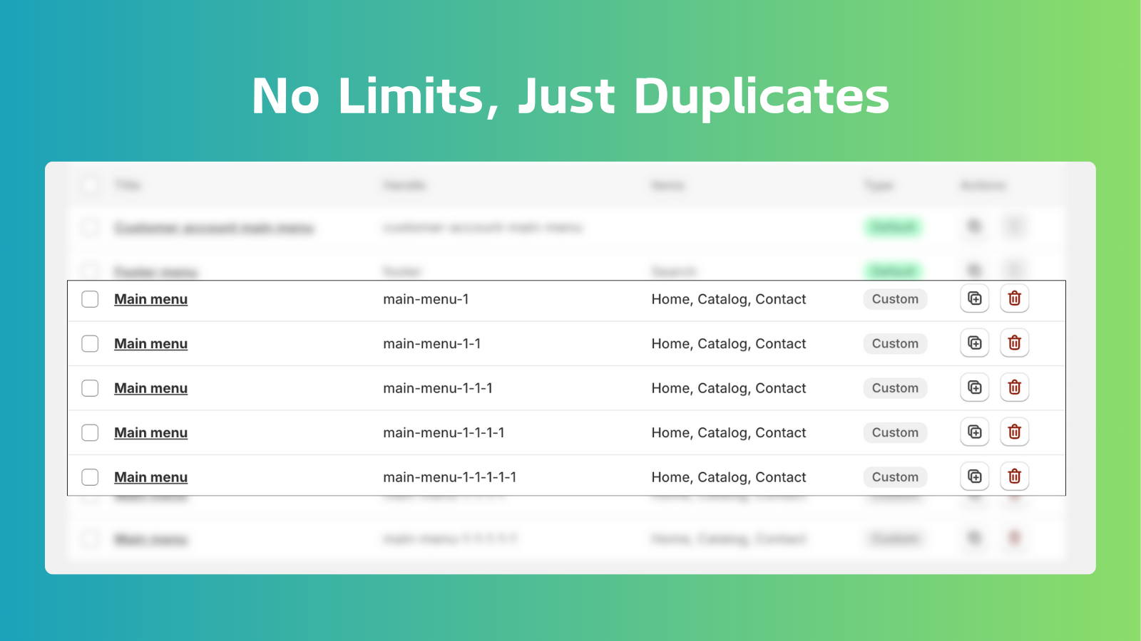 Bulk duplicate and delete Shopify menus without limits