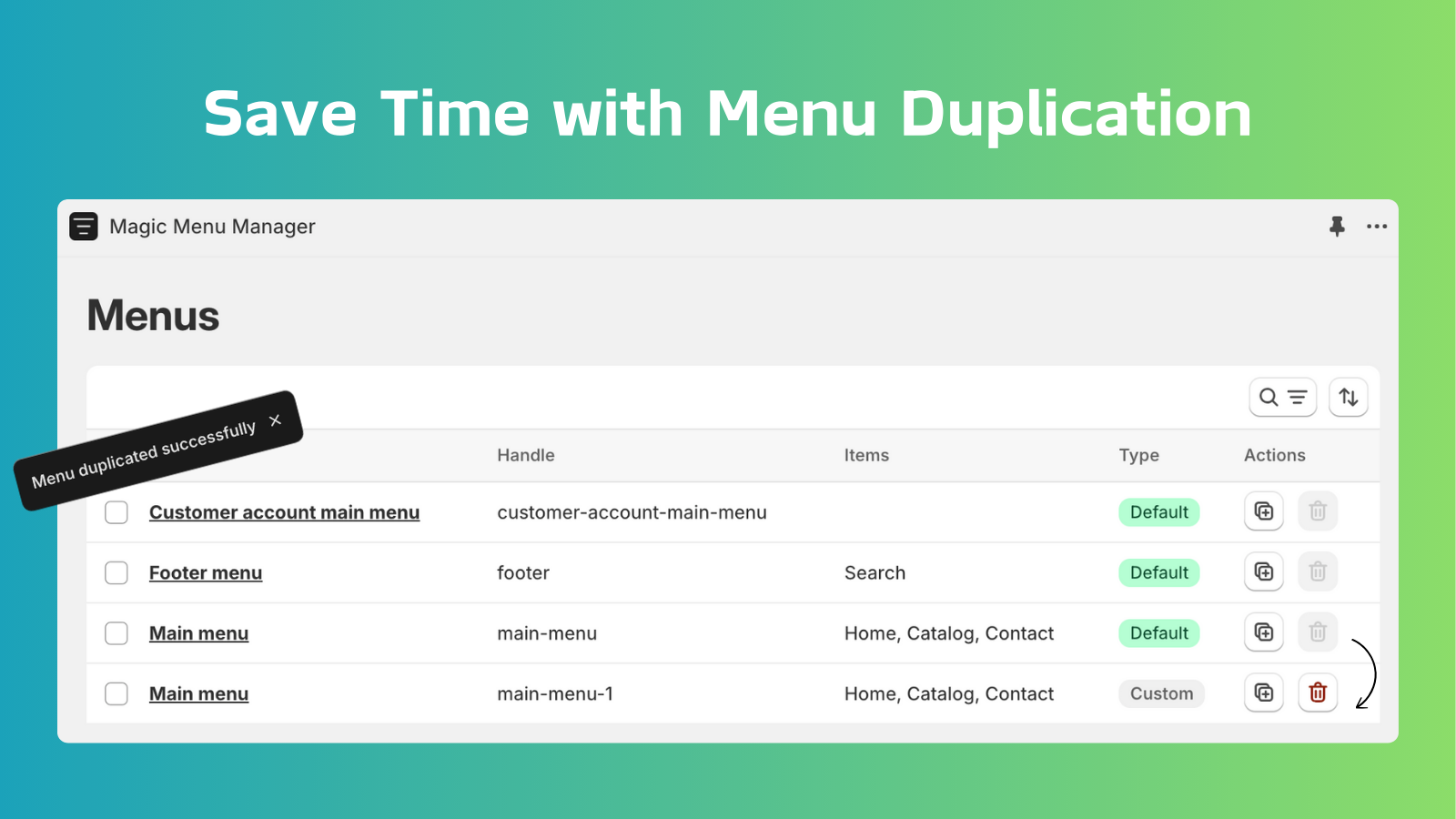Bulk duplicate multiple menu items in a Shopify store