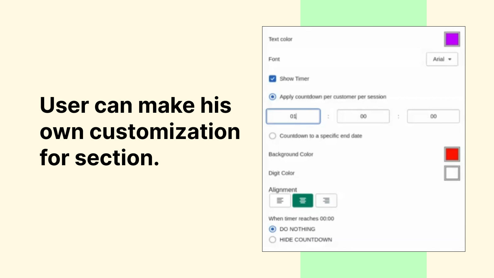 Countdown timer customization settings with various user options