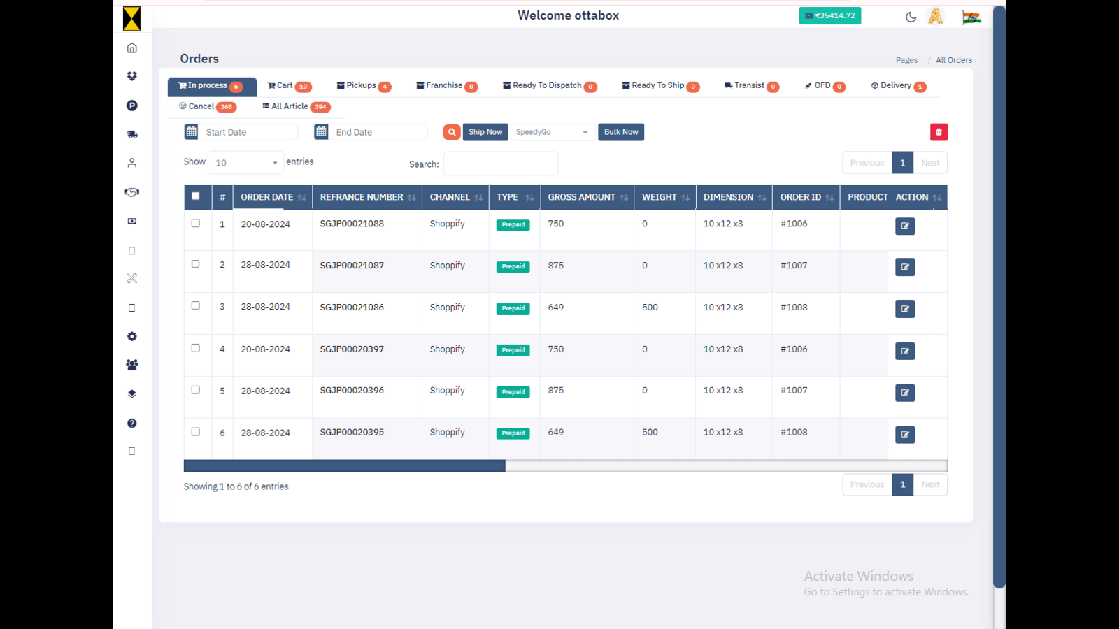 Shipshop User Dashbord View