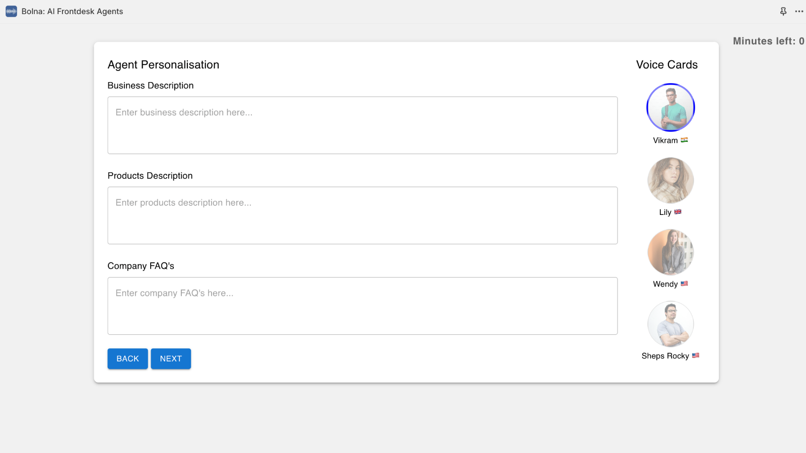 Fill in agent details, company details, FAQs and choose voices