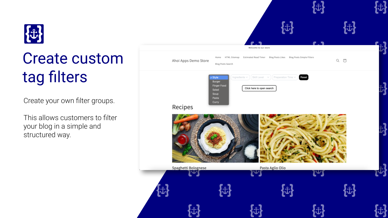 Create custom, grouped tag filters for your blog and articles.