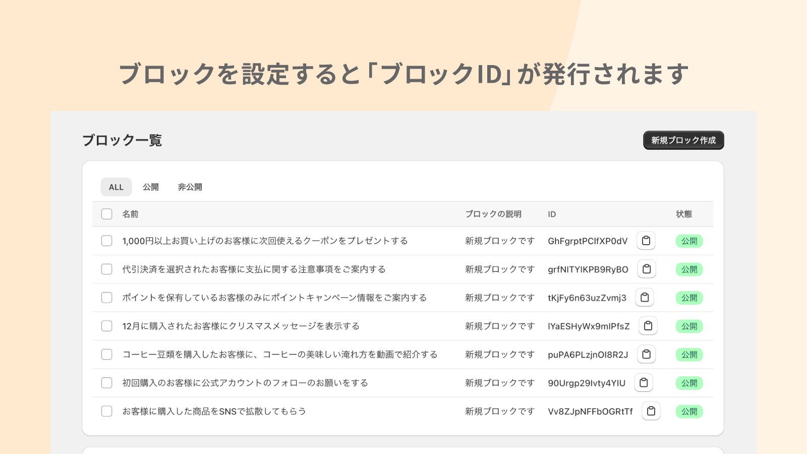 ブロックを設定するとIDが発行されます