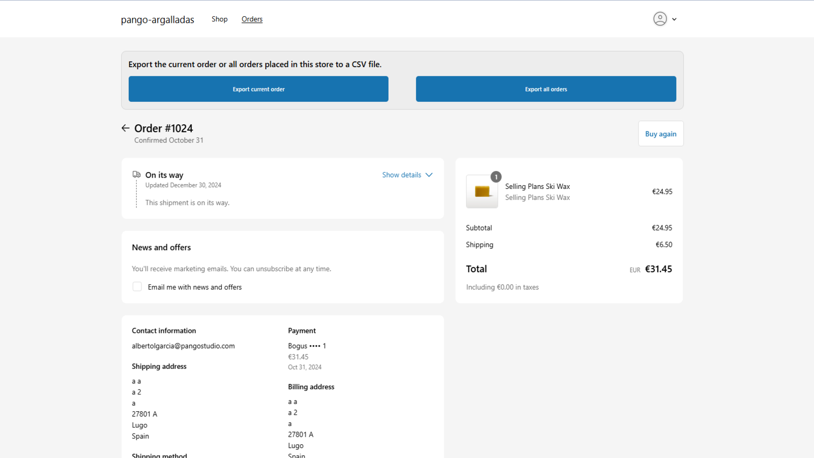 The order page that your customer will see with the buttons.