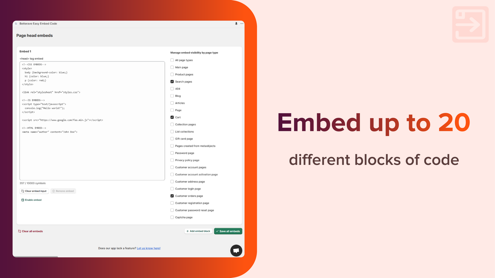 Embed up to 20 different blocks