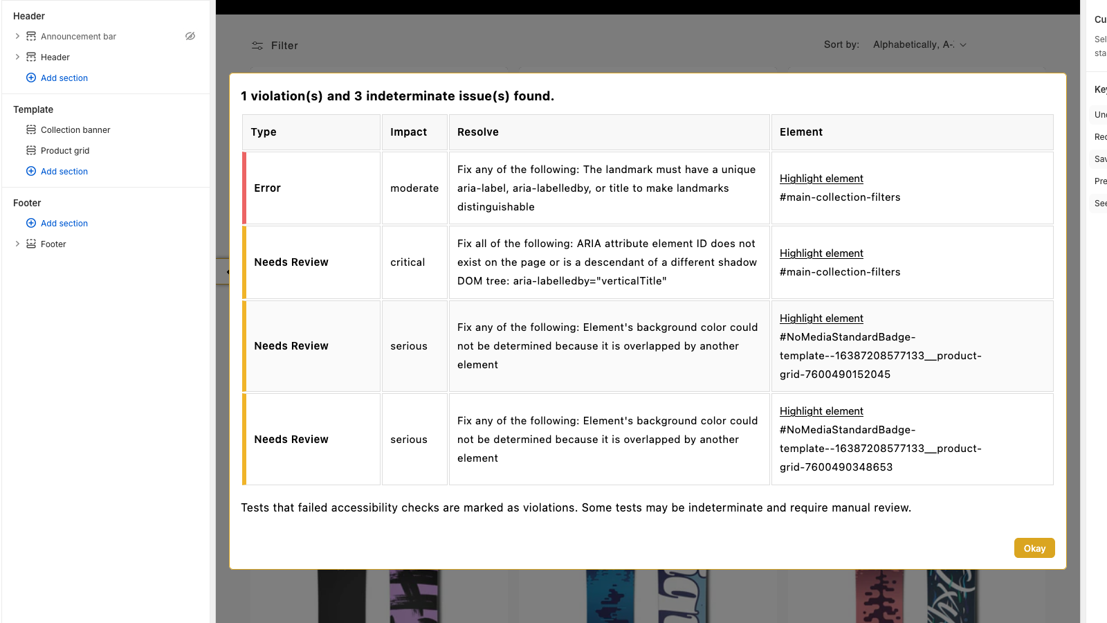 View accessibility issues in the theme customizer