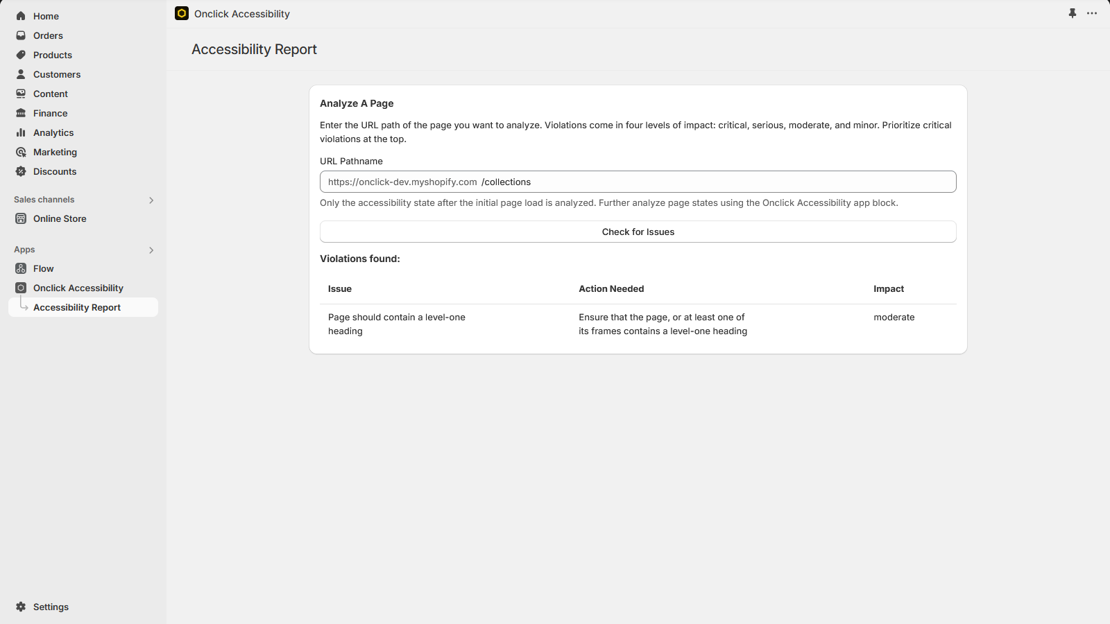 Generate accessibility report for a web page