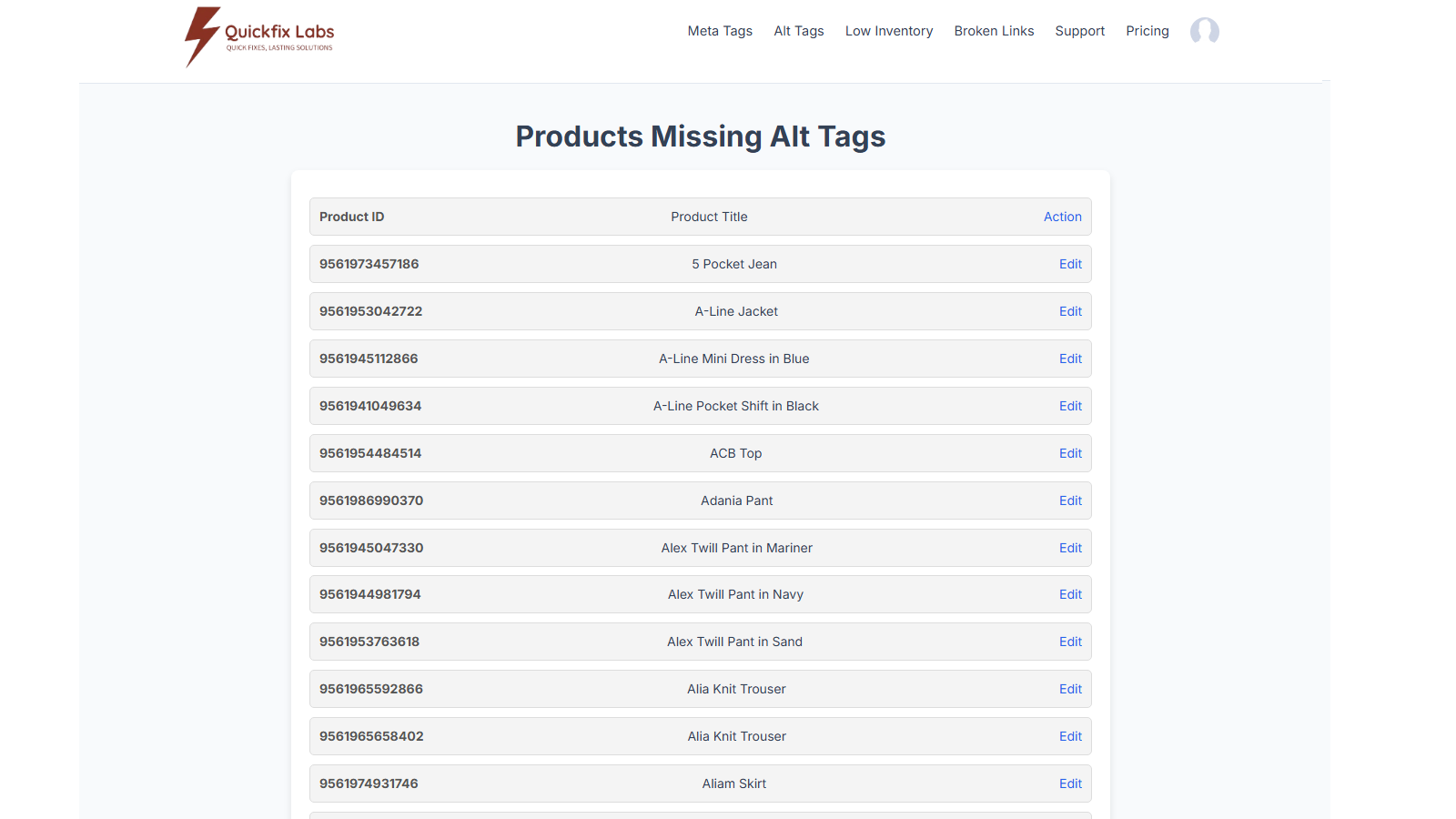 Alt tags scanning tool highlighting missing alt text in products