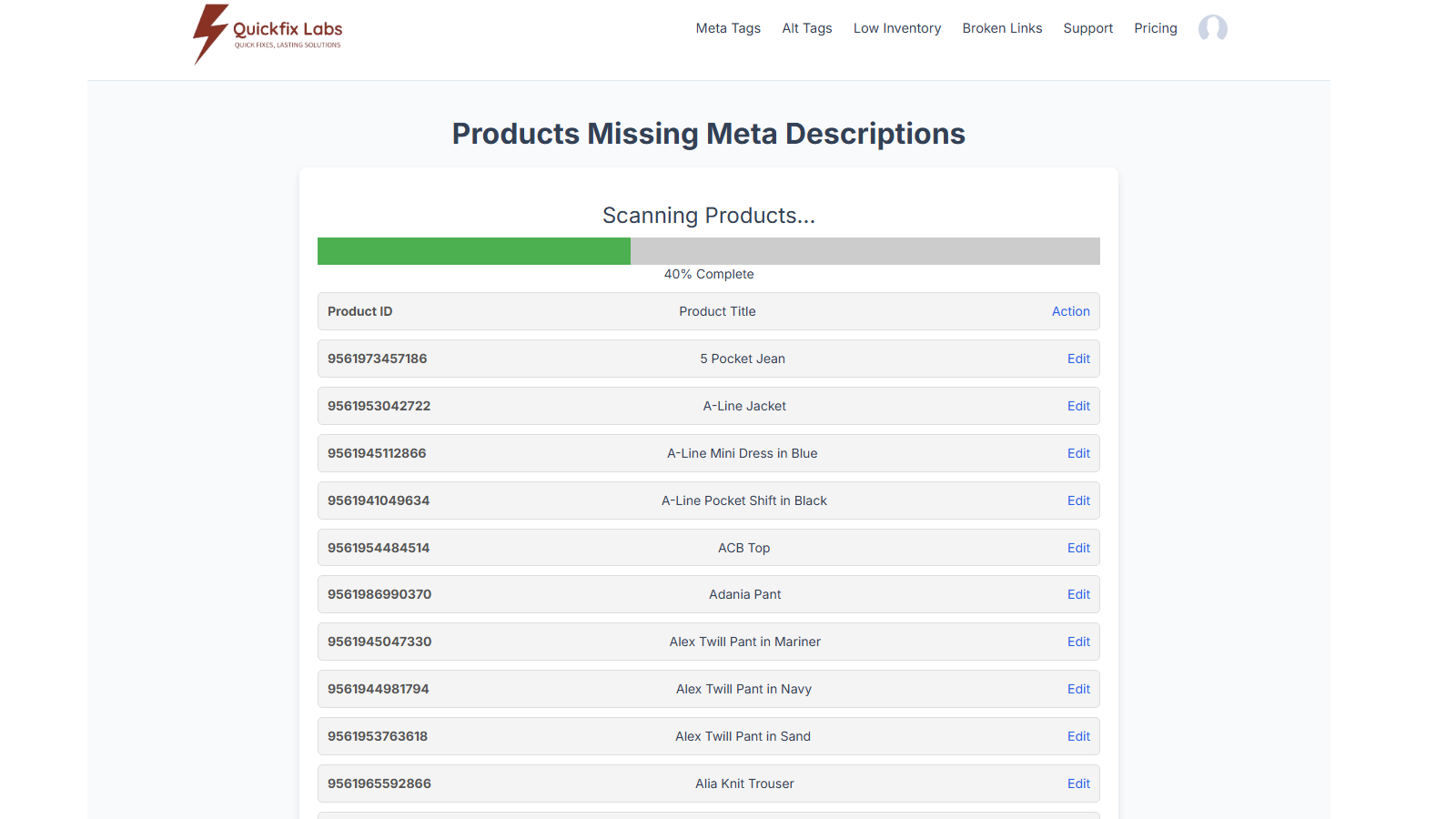 Missing meta description report for selected store products.