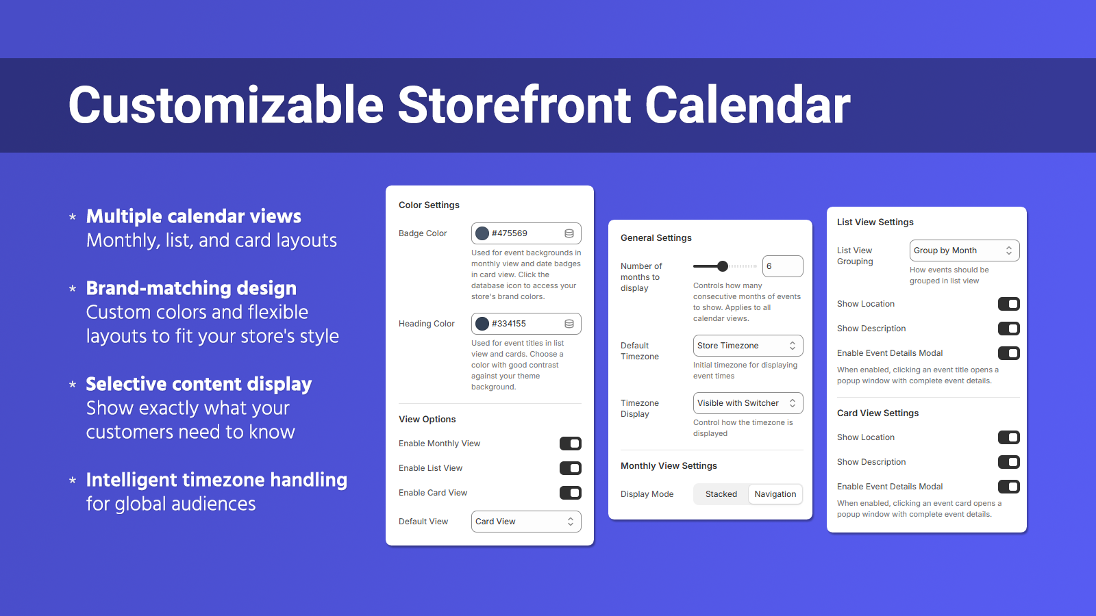 Customizable storefront calendar with multiple view options