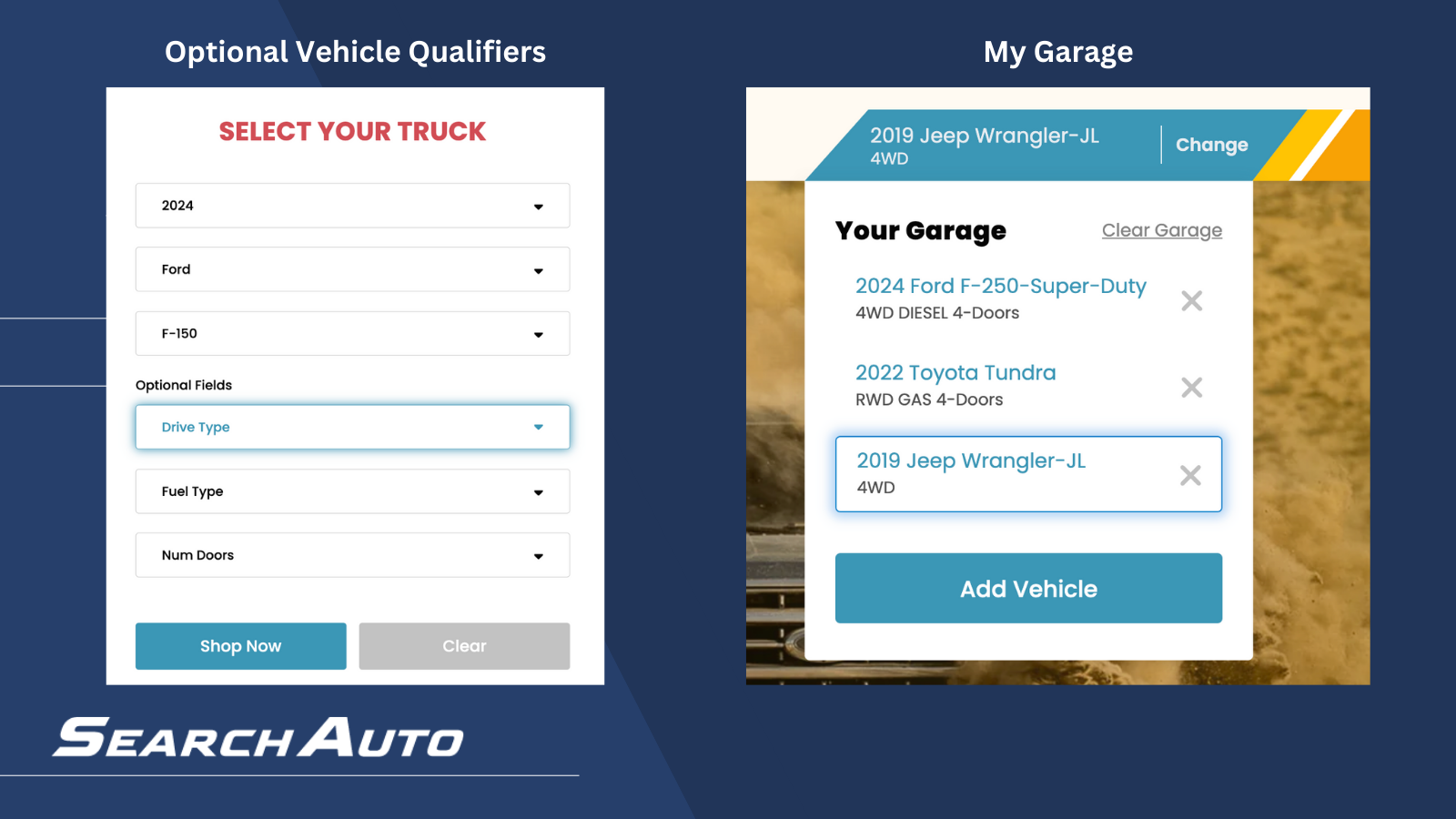 SearchAuto Fitment Lookup Optional Fields & My Garage
