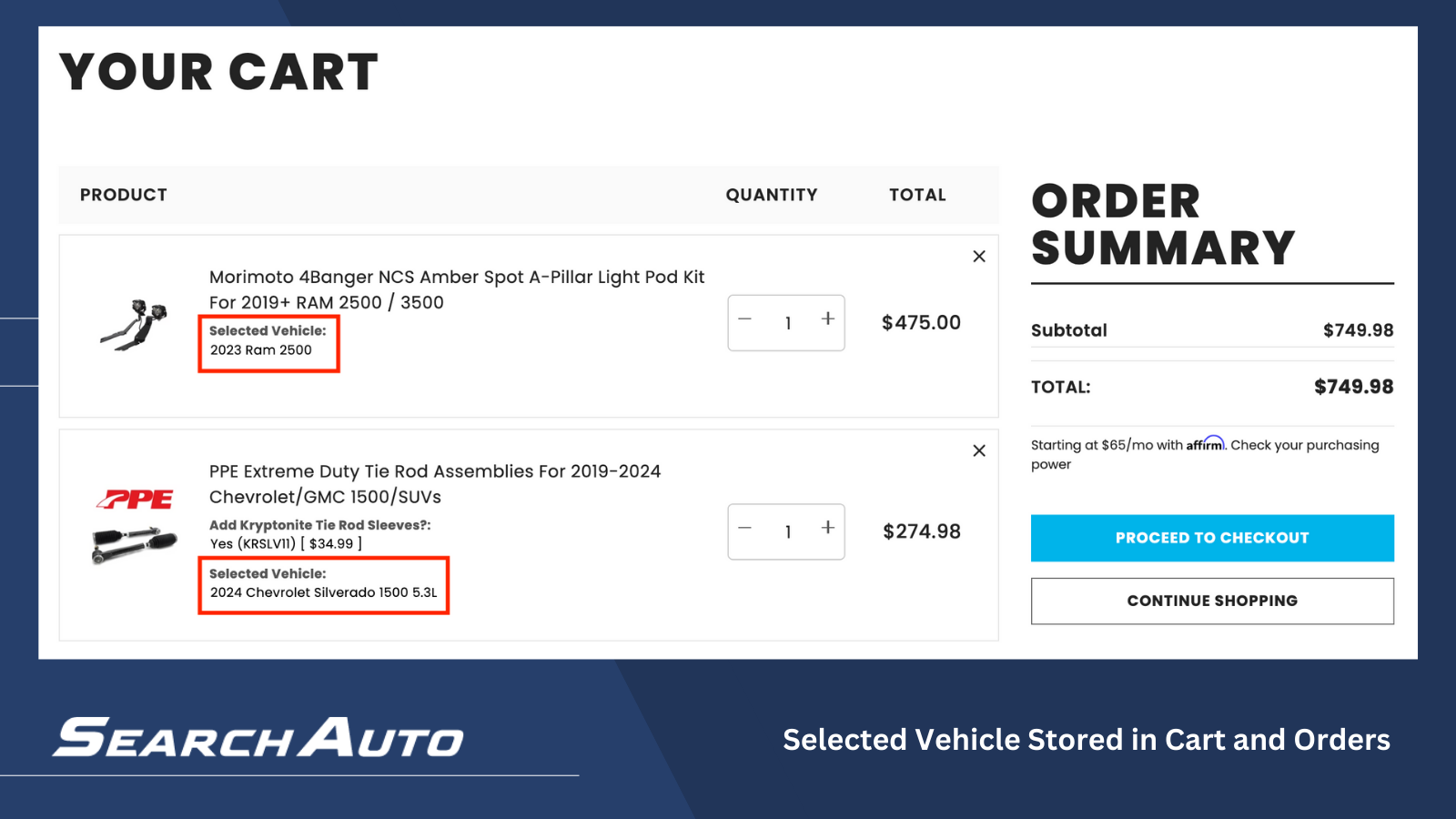 SearchAuto Fitment Lookup Selected Vehicle Saved on Orders