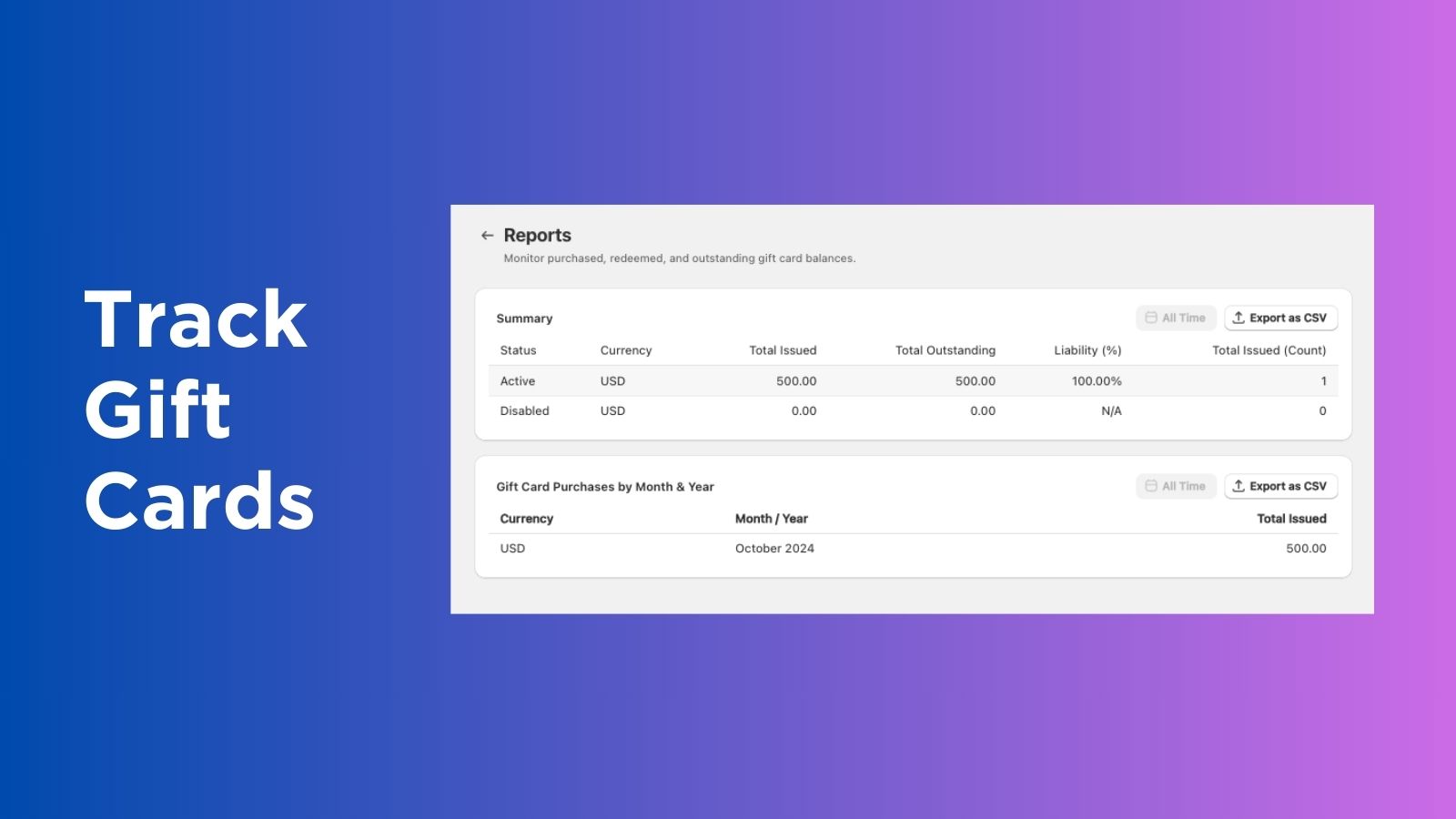 track gift card sales with liability finance report