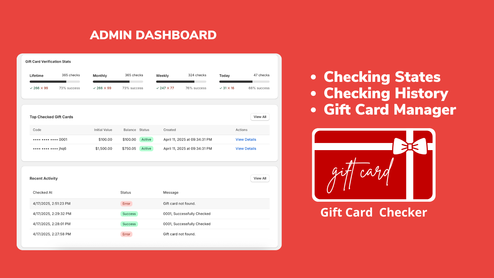 Optimized Admin UI - Gift Card Balance Checker