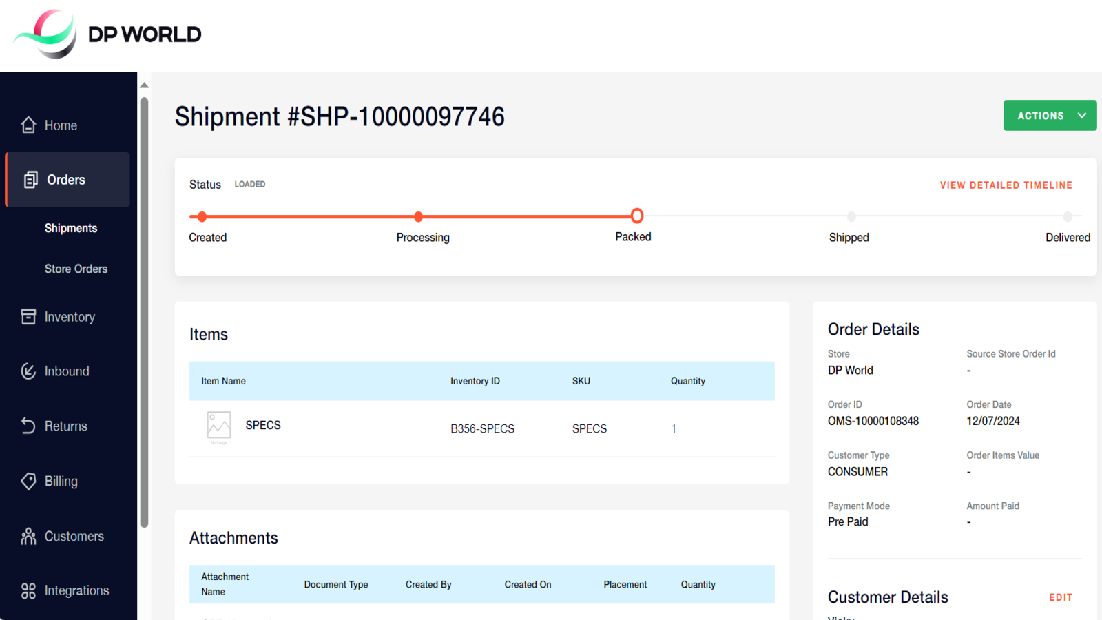 Detailed view of shipments 