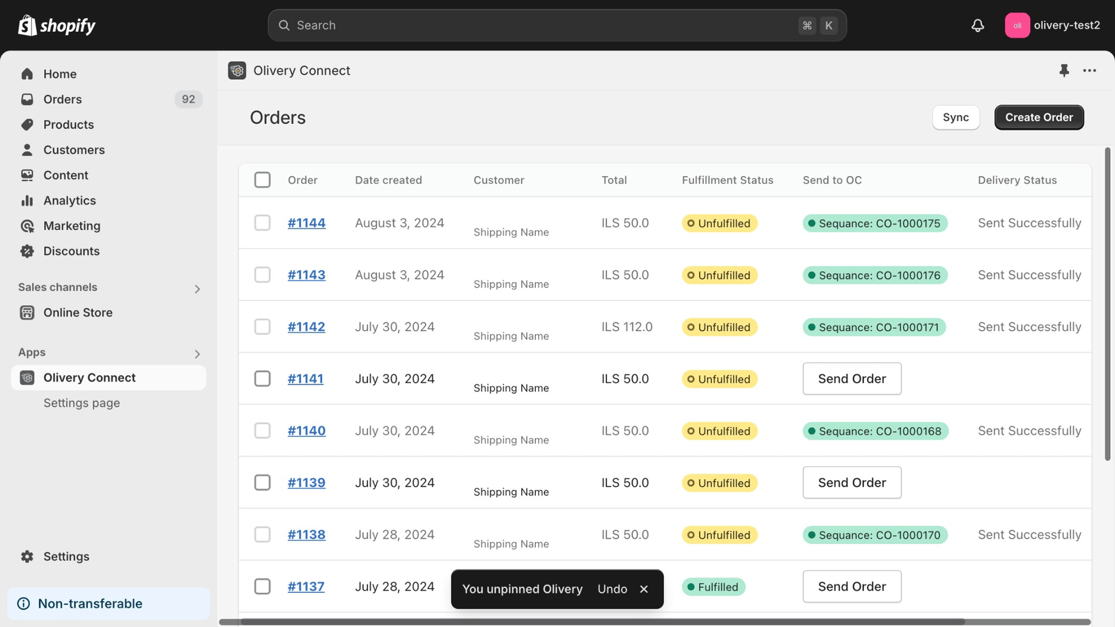 Orders list and Olivery action