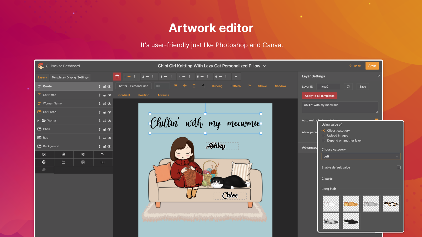 Customall artwork editor that is optimized for user setup