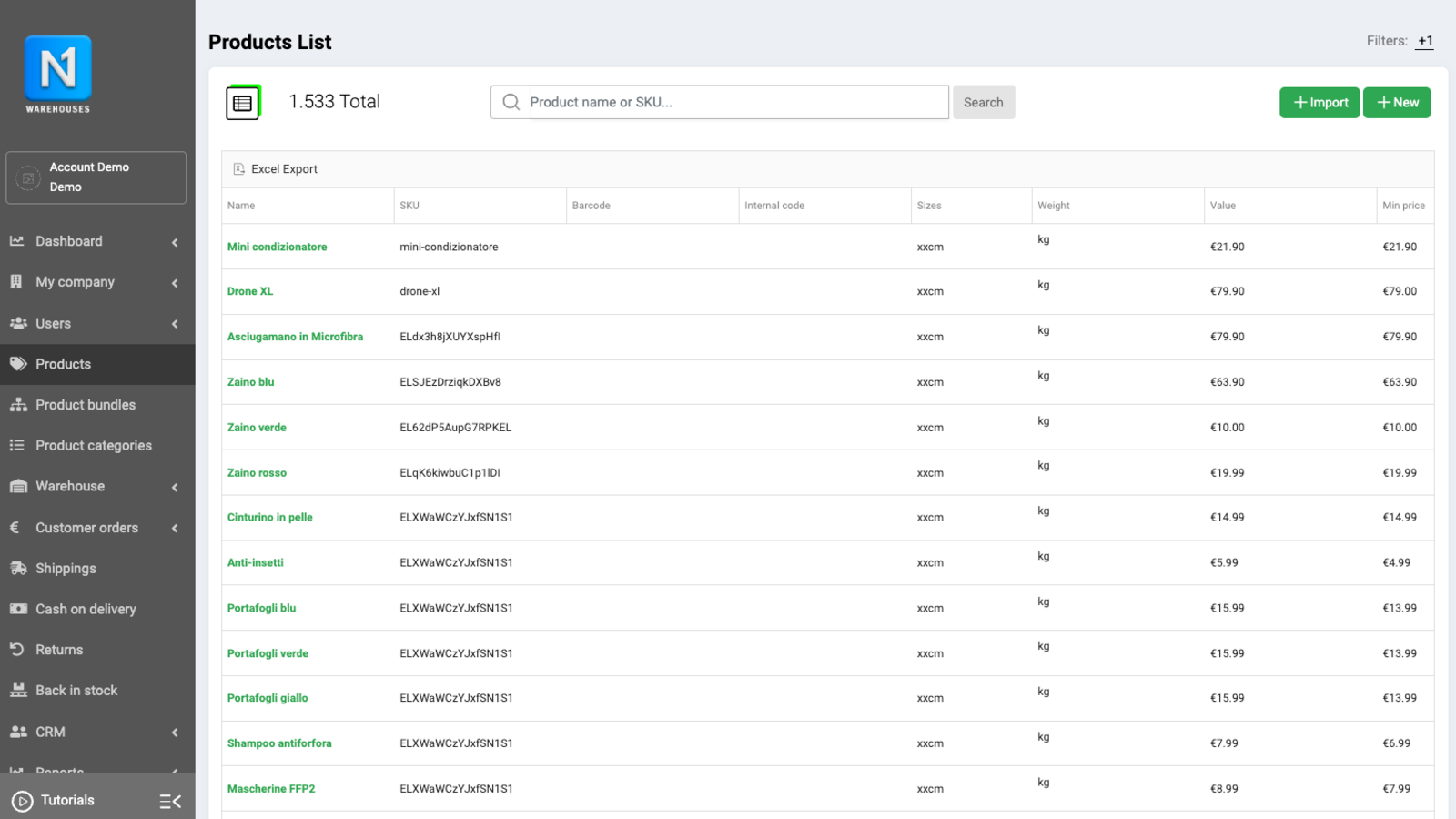 N1 warehouses imported products