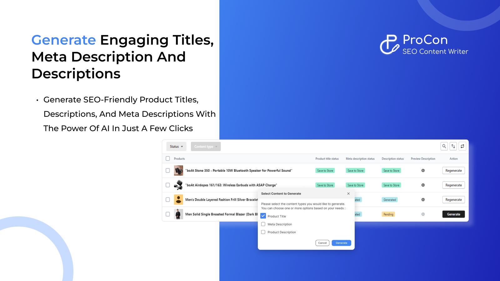 Generate Engaging titles, descriptions and meta descriptions
