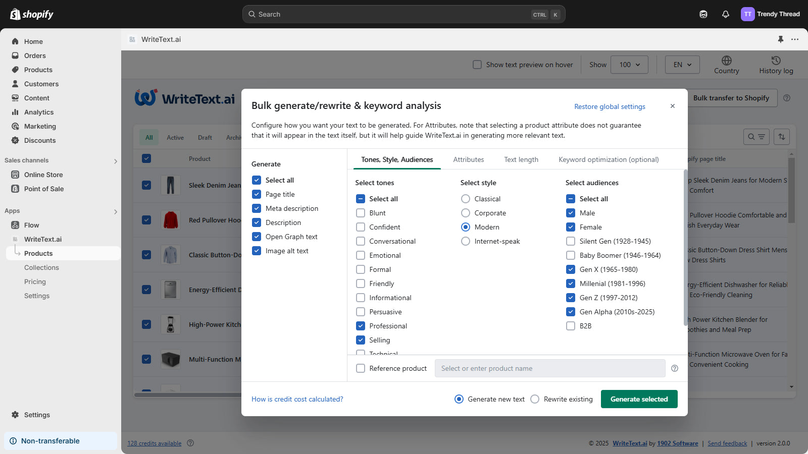 Bulk generate and rewrite text for multiple products at once