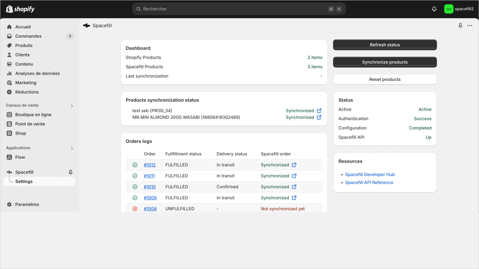 Dashboard de synchronisation des articles et des commandes
