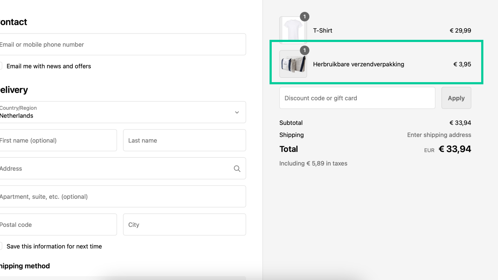 Deposit for reusable packaging is seen in cart at checkout