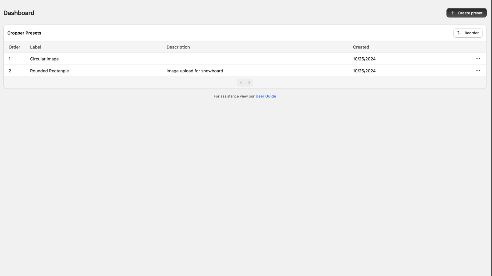 View all presets created