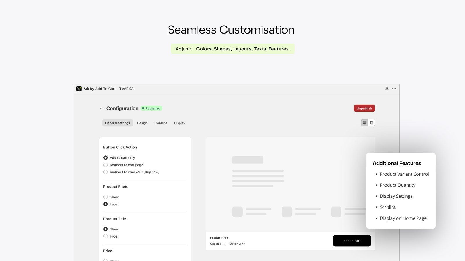Admin panel interface with preview and design customisability