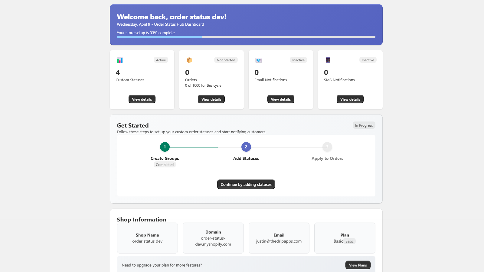 order status pro dashboard page
