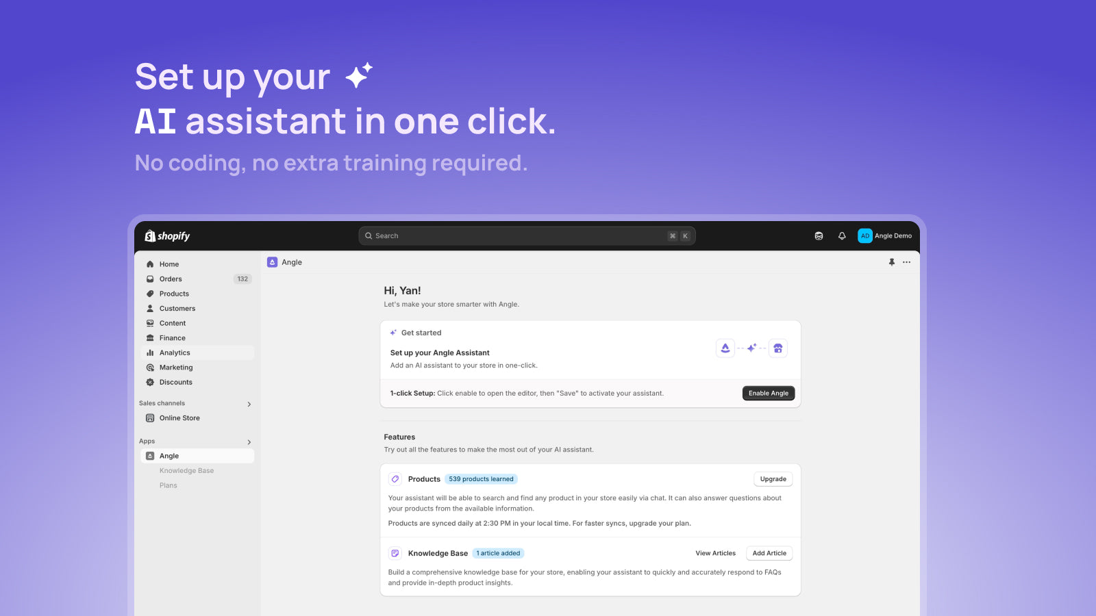 Screenshot of the Shopify admin app for Angle