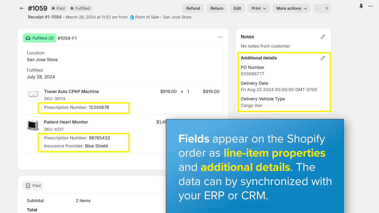 Entered values saved on the Shopify invoice