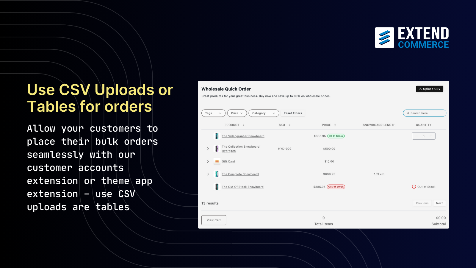 Quick Order CSV and Table