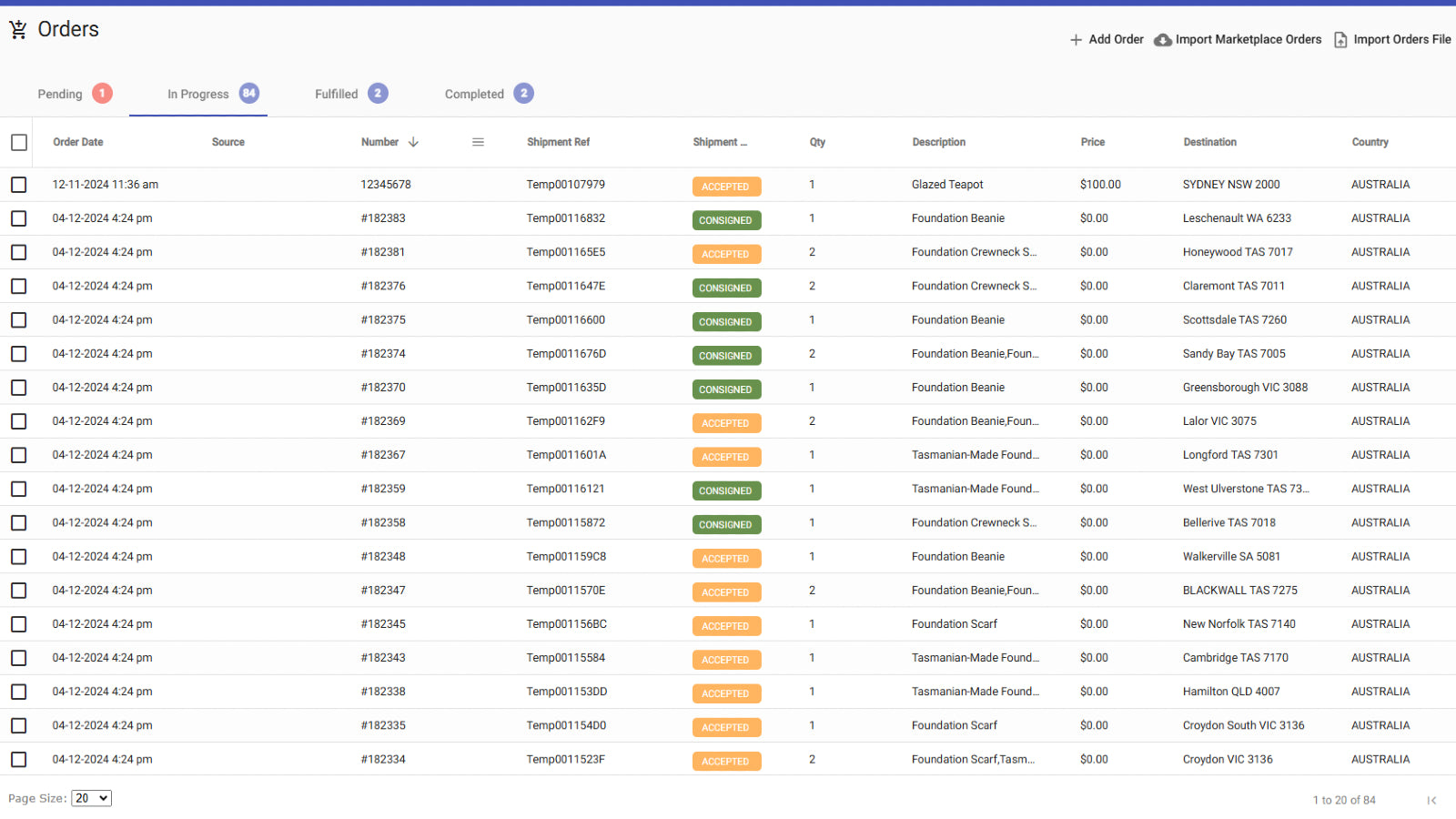 Orders Imported from store