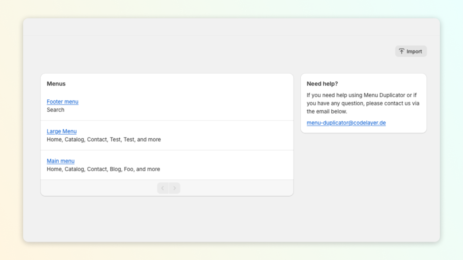 List of all shopify menus with buttons to duplicate and export.
