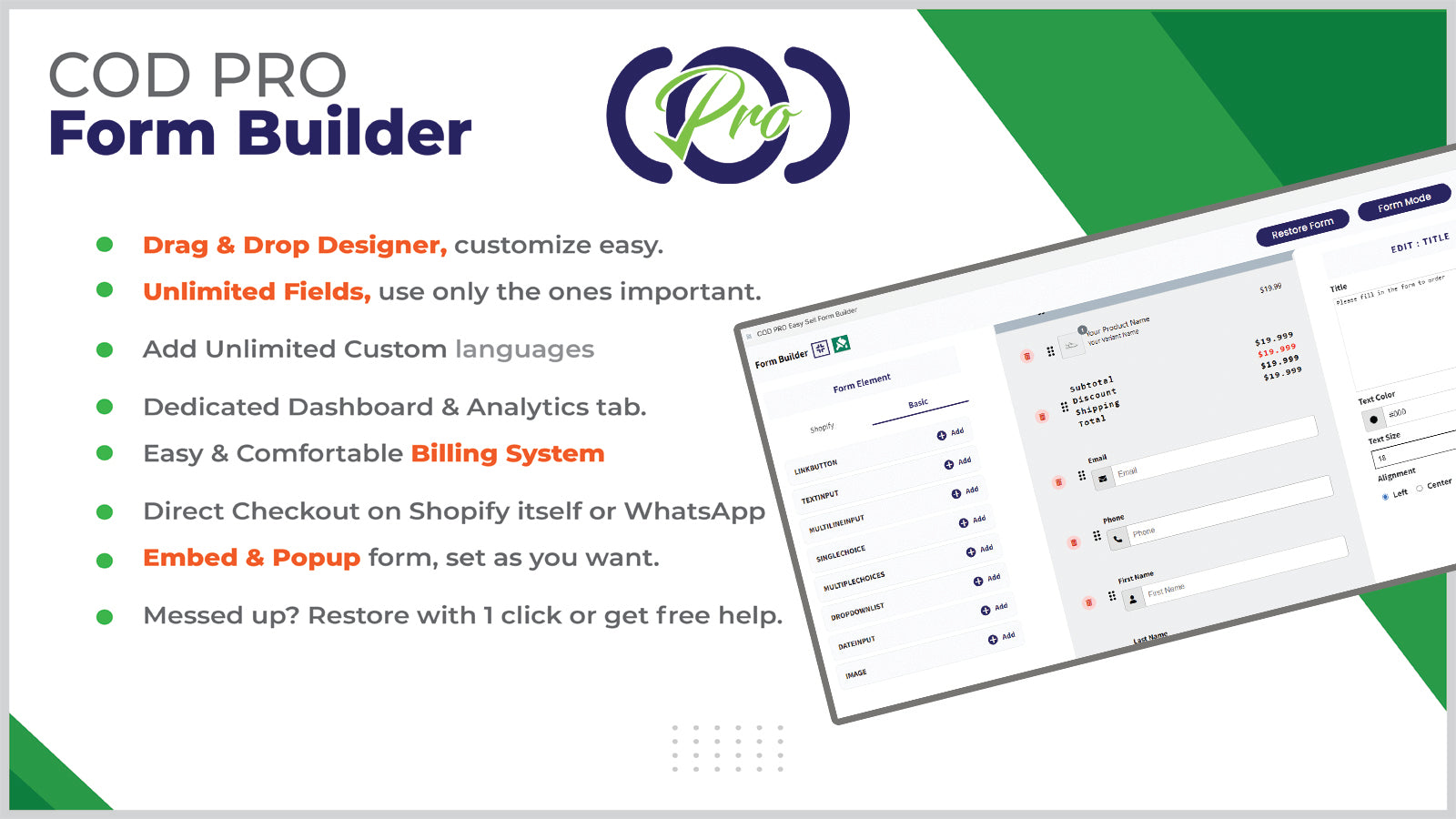 easy sell cod pro form builder customization
