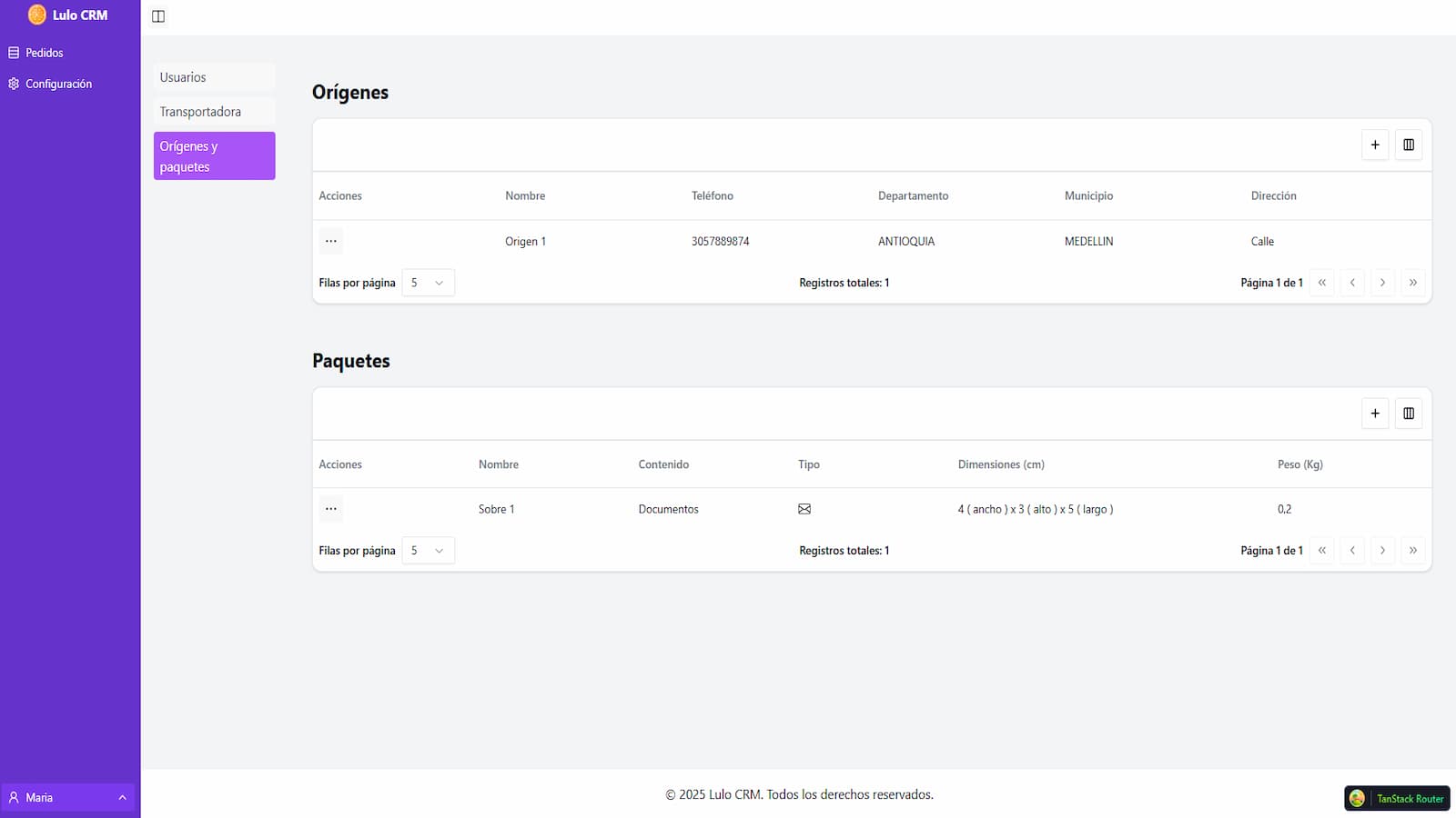 Configura orígenes (bodegas),paquetes con detalles y dimensiones
