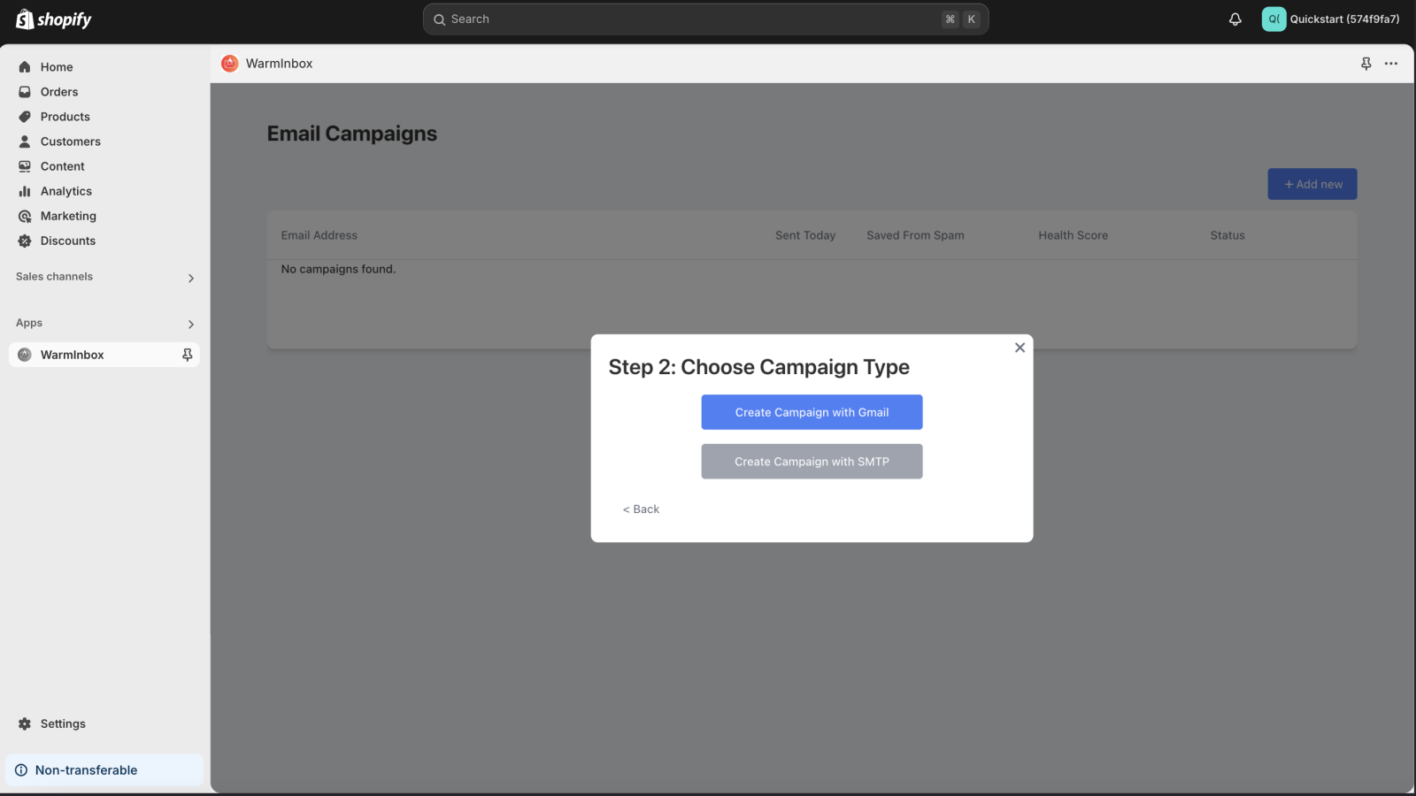WarmInbox app modal window where user needs to choose campaign