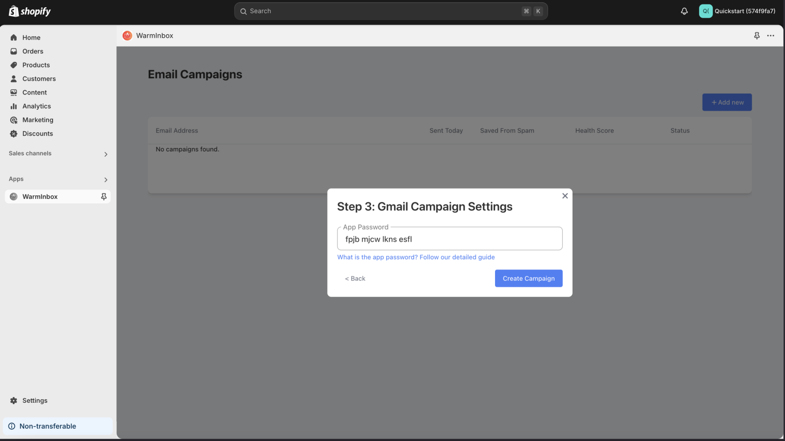 WarmInbox app modal window where user needs to add app password