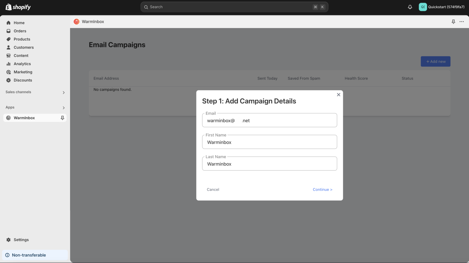 WarmInbox app dashboard and step 1 "Create campaign"