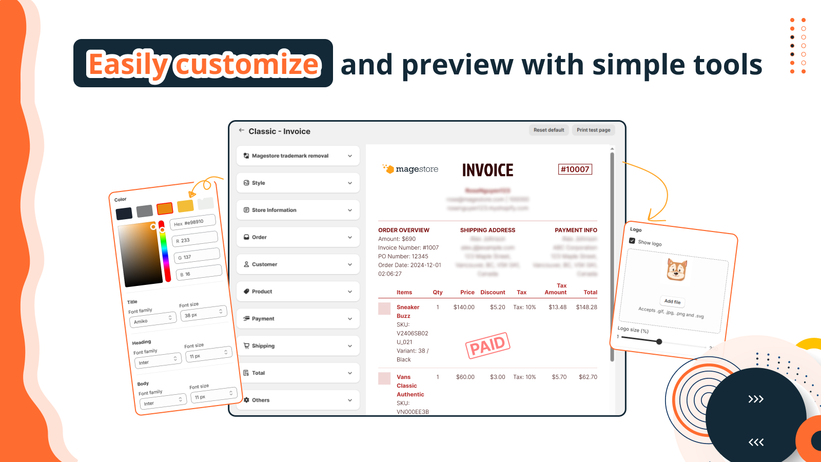 Easily customize PDF tax invoices, packing slips and refunds