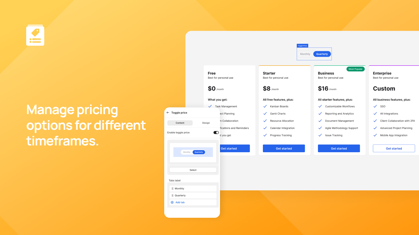 Manage pricing options for different timeframes.
