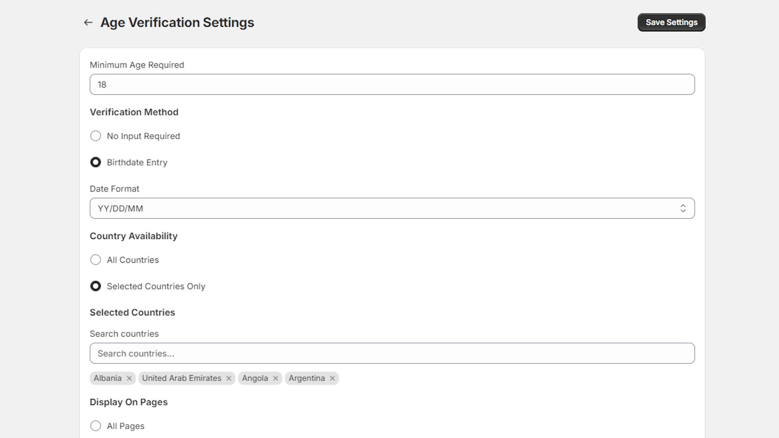 Age verification settings