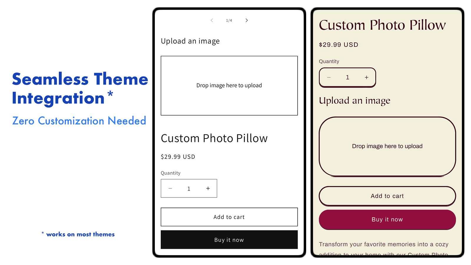 Seamless theme integration for custom product upload