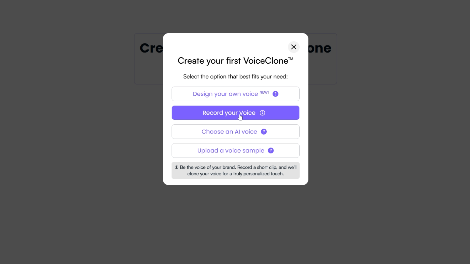 Options to choose to create your first voice clone