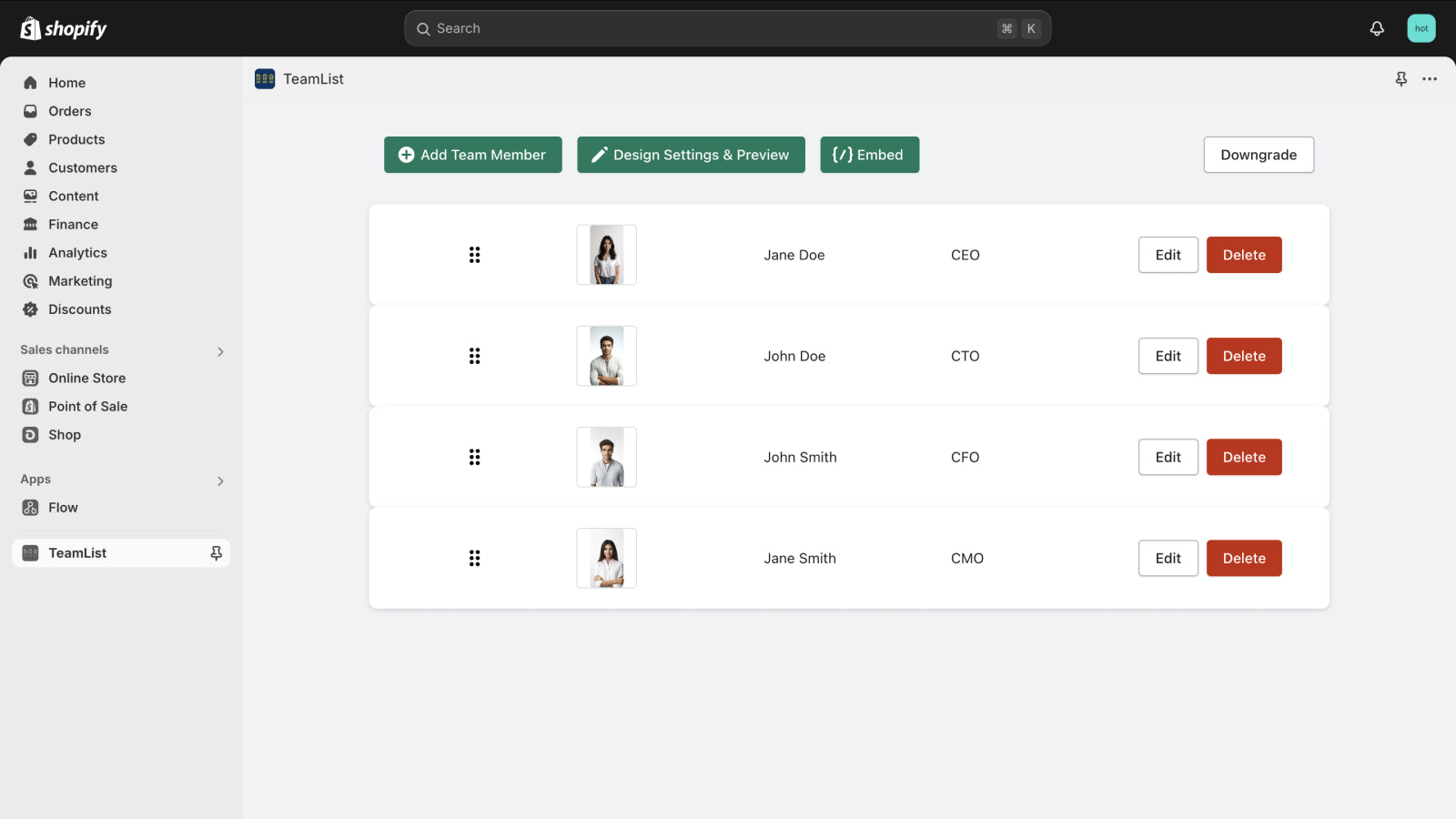 Team List Dashboard