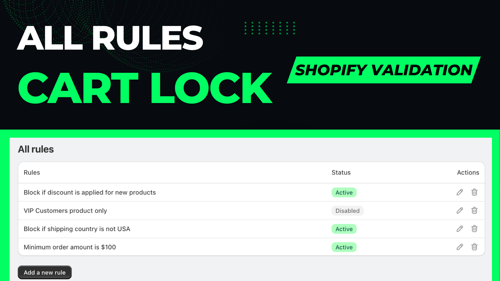 All rules page - Cart Lock app