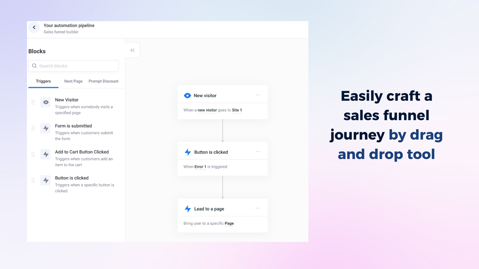 Easily craft a sales funnel journey by drag and drop tool