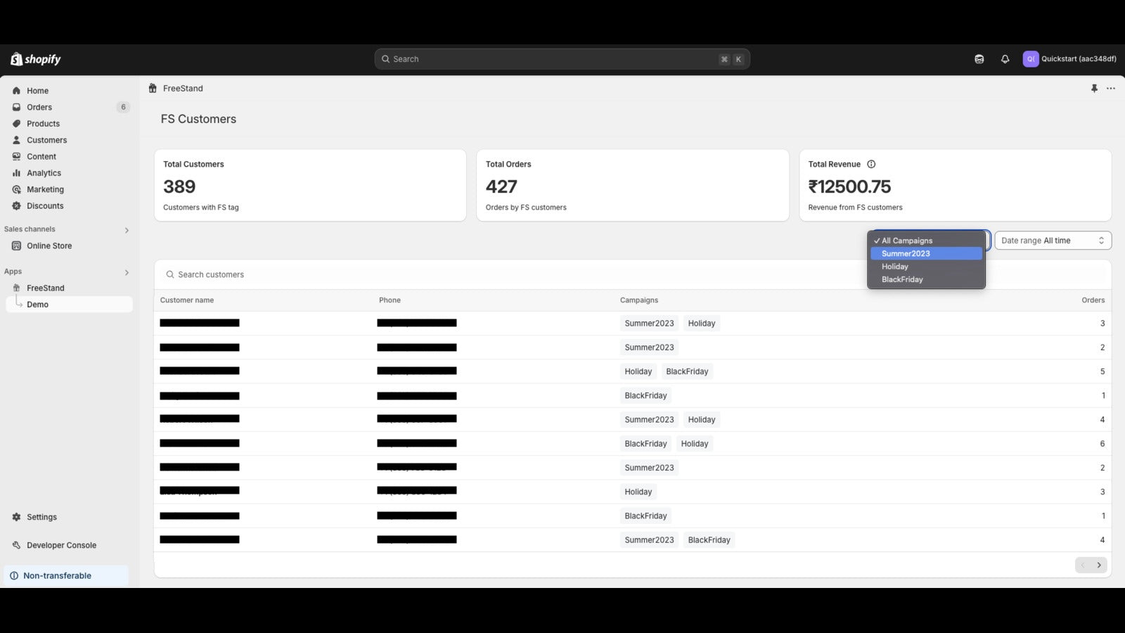 FreeStand shopify filter by campaign
