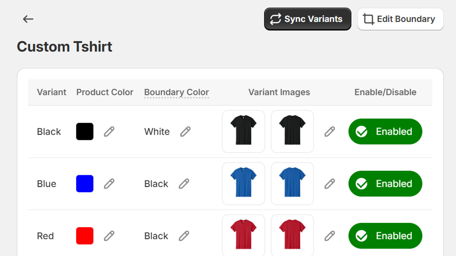 Add and enable the tshirt variants