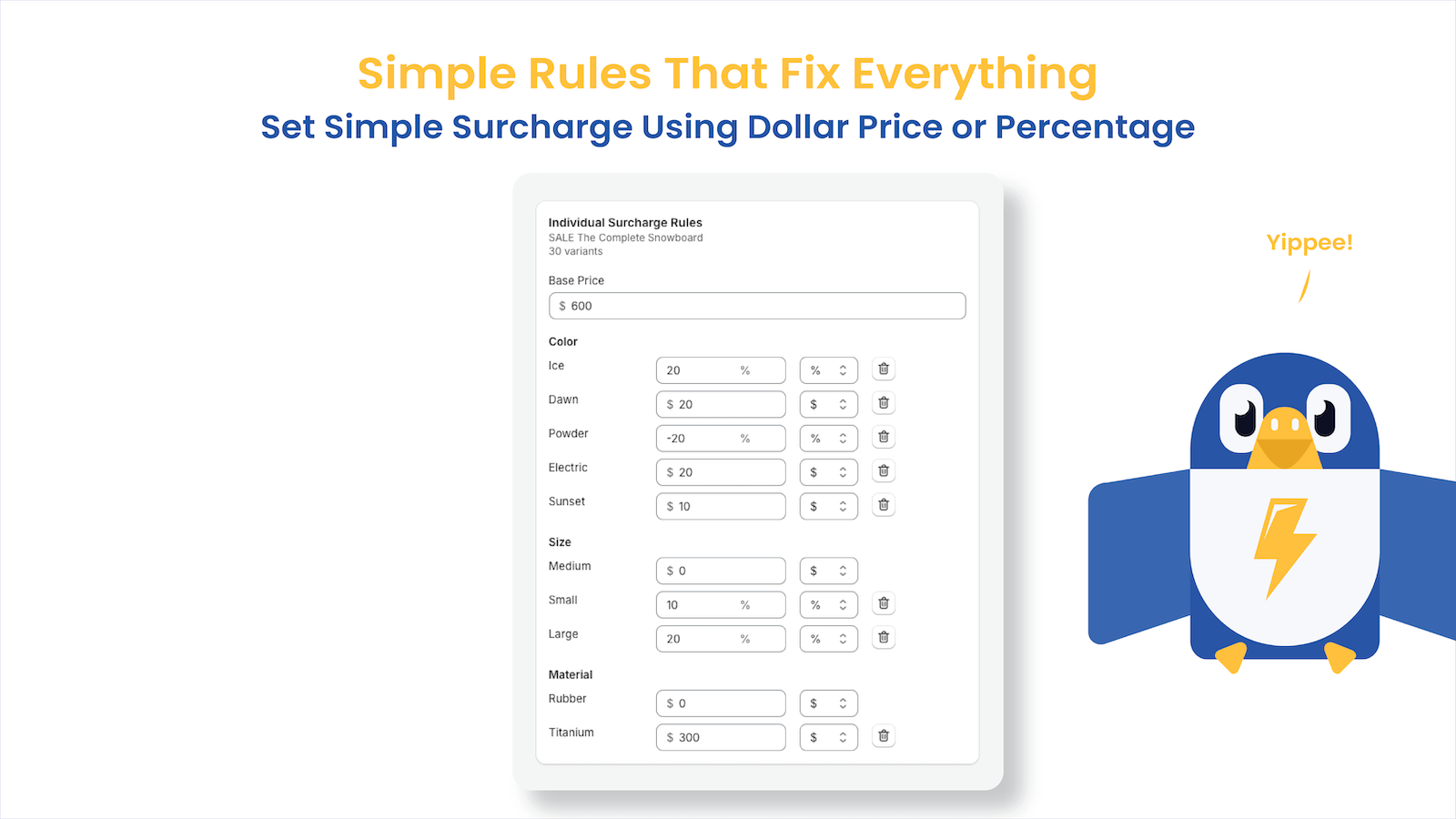Percentage surcharge or dollar price surcharge over base price